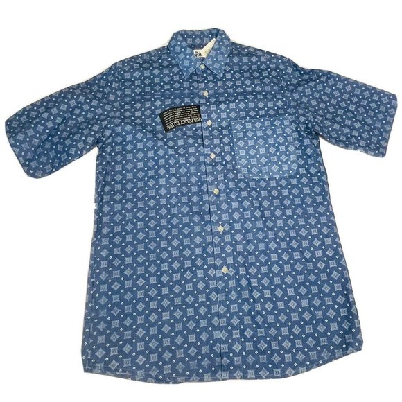 KEY Elements Vintage Short Sleeve Button Down Shirt Blue White Retro M Cotton